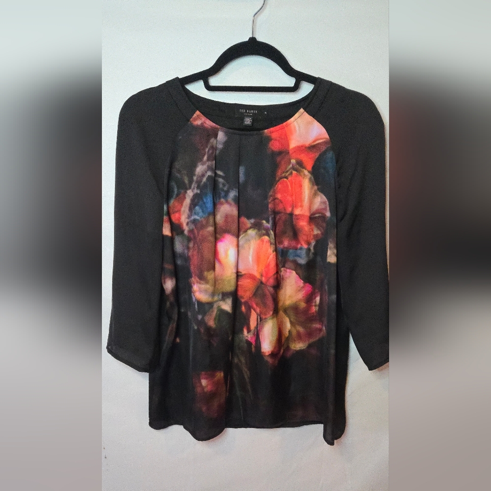 Ted Baker London Black Blouse with Vibrant Floral Design